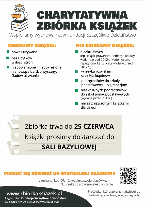 Plakat informacyjny, promujący charytatywną zbiórkę książek.
#DostepnoscCyfrowa