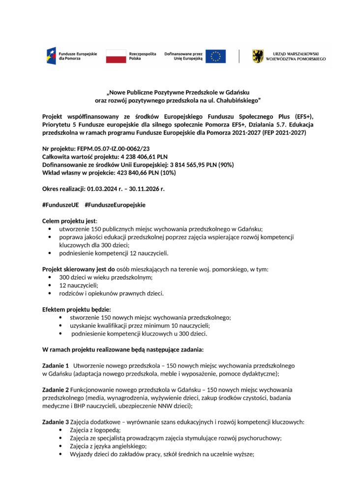Dokument informujący o szczegółach projektu współfinansowanego z funduszy europejskich.
#DostepnoscCyfrowa 