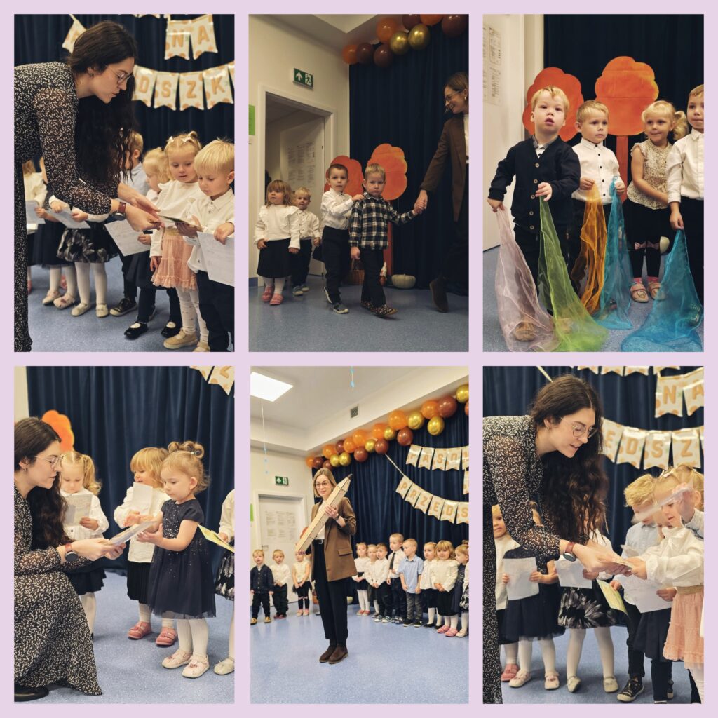 Grupa dzieci na sali przedszkolnej zostaje pasowana na przedszkolaka przez dyrektora oraz otrzymuje dyplomy od nauczyciela.
#DostępnośćCyfrowa