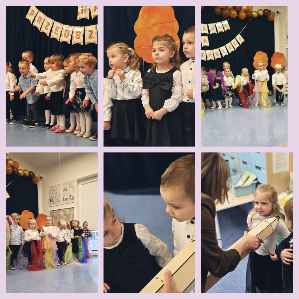 Grupa dzieci na sali przedszkolnej zostaje pasowana na przedszkolaka przez dyrektora oraz otrzymuje dyplomy od nauczyciela.
#DostępnośćCyfrowa