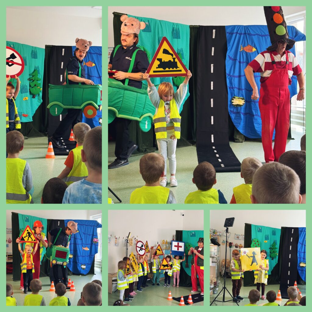 Grupa dzieci na sali przedszkolnej ogląda występ teatru Qfer i bierze aktywny udział w przedstawieniu.
#DostepnoscCyfrowa