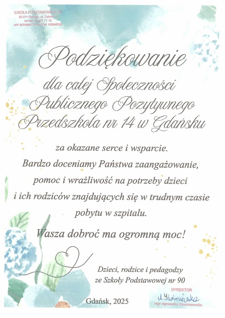 Dyplom dla PPP 14 z podziękowaniem za pomoc w zbiórce charytatywnej dla dzieci przebywających w szpitalu.
#DostepnoscCyfrowa